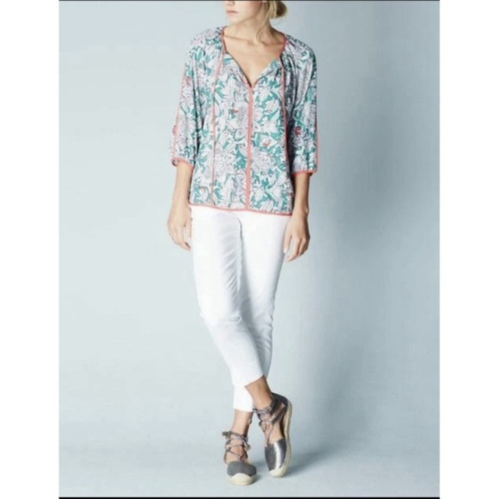 Boden Top‎ Green Floral Print US 14 Pink Trim Womens Blouse 3/4 Sleeves
